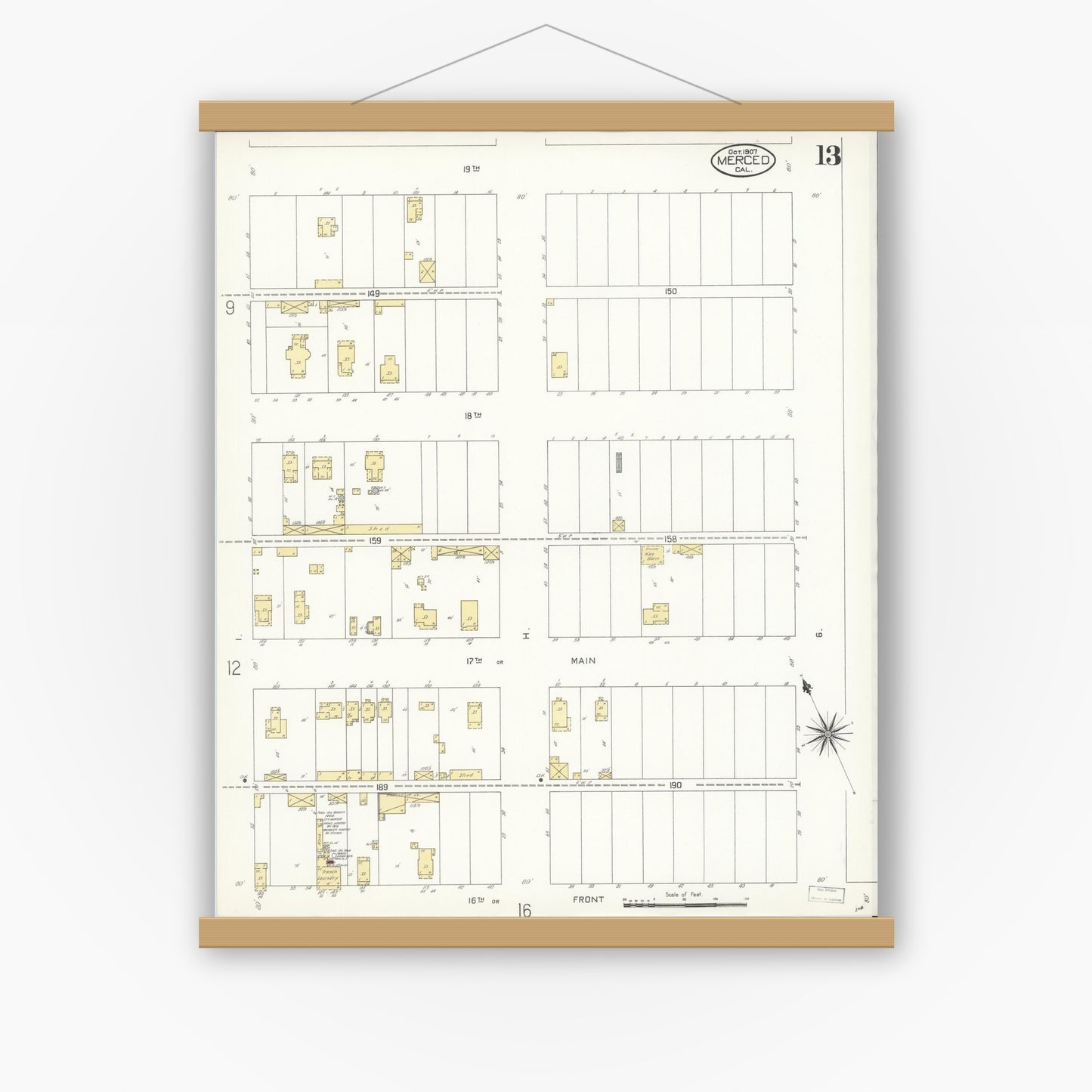 Old map wall art mockup — magnetic wood frame on white wall — Sanborn Fire Insurance Map from Merced, Merced County, California (1907), Sheet #0013