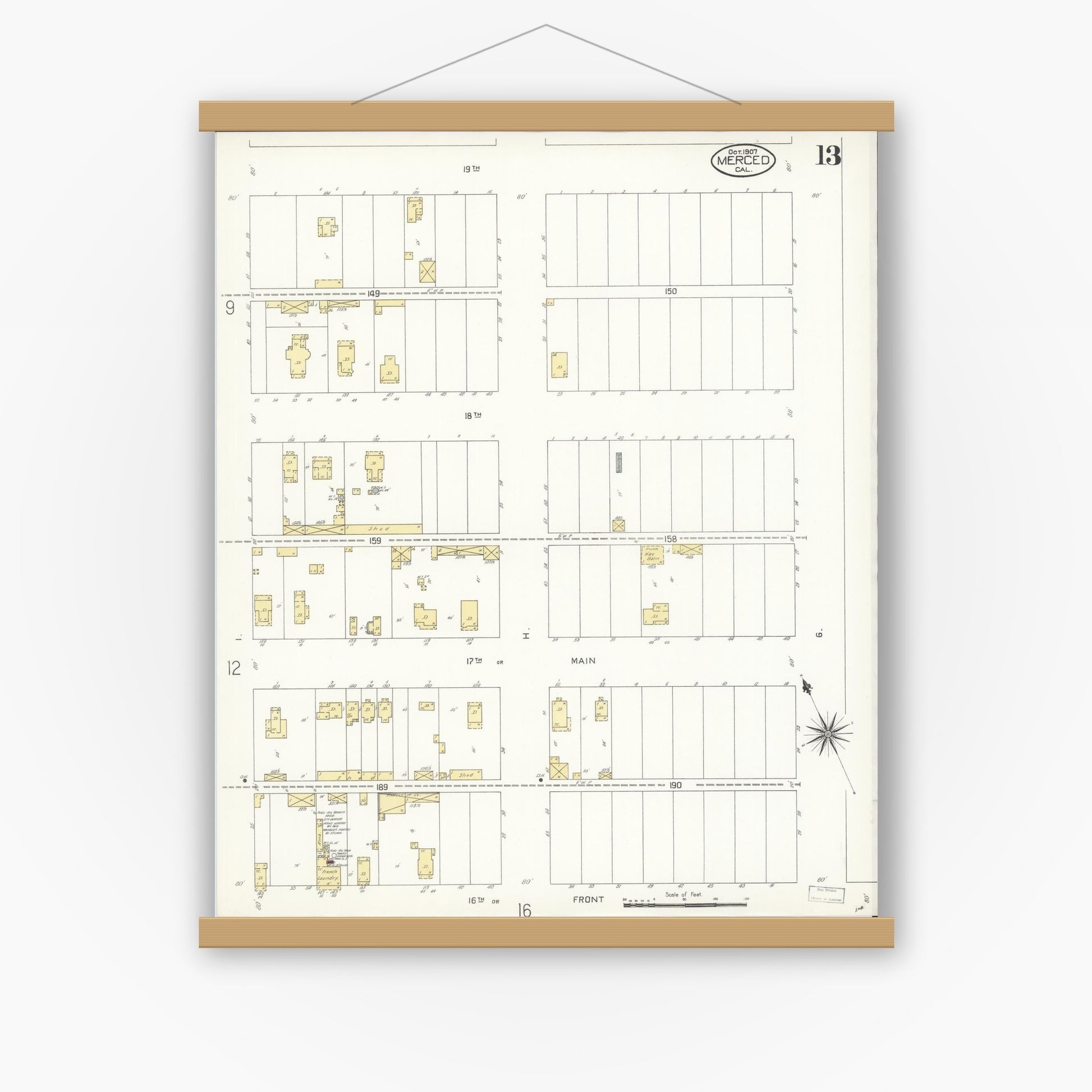 Old map wall art mockup — magnetic wood frame on white wall — Sanborn Fire Insurance Map from Merced, Merced County, California (1907), Sheet #0013