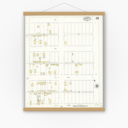 Old map wall art mockup — magnetic wood frame on white wall — Sanborn Fire Insurance Map from Merced, Merced County, California (1907), Sheet #0013