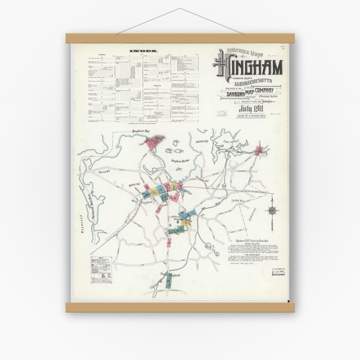 Old map wall art mockup — magnetic wood frame on white wall — Sanborn Fire Insurance Map from Hingham, Plymouth County, Massachusetts (1911) - Complete Map Set