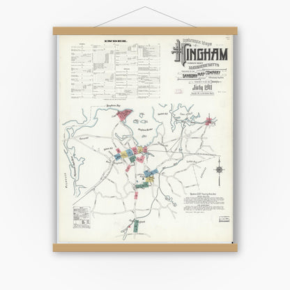 Old map wall art mockup — magnetic wood frame on white wall — Sanborn Fire Insurance Map from Hingham, Plymouth County, Massachusetts (1911) - Complete Map Set