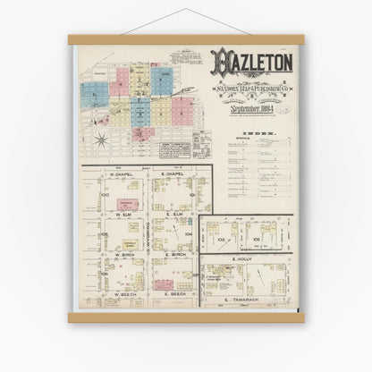 Old map wall art mockup — magnetic wood frame on white wall — Sanborn Fire Insurance Map from Hazleton, Luzerne County, Pennsylvania (1884), Sheet #0001