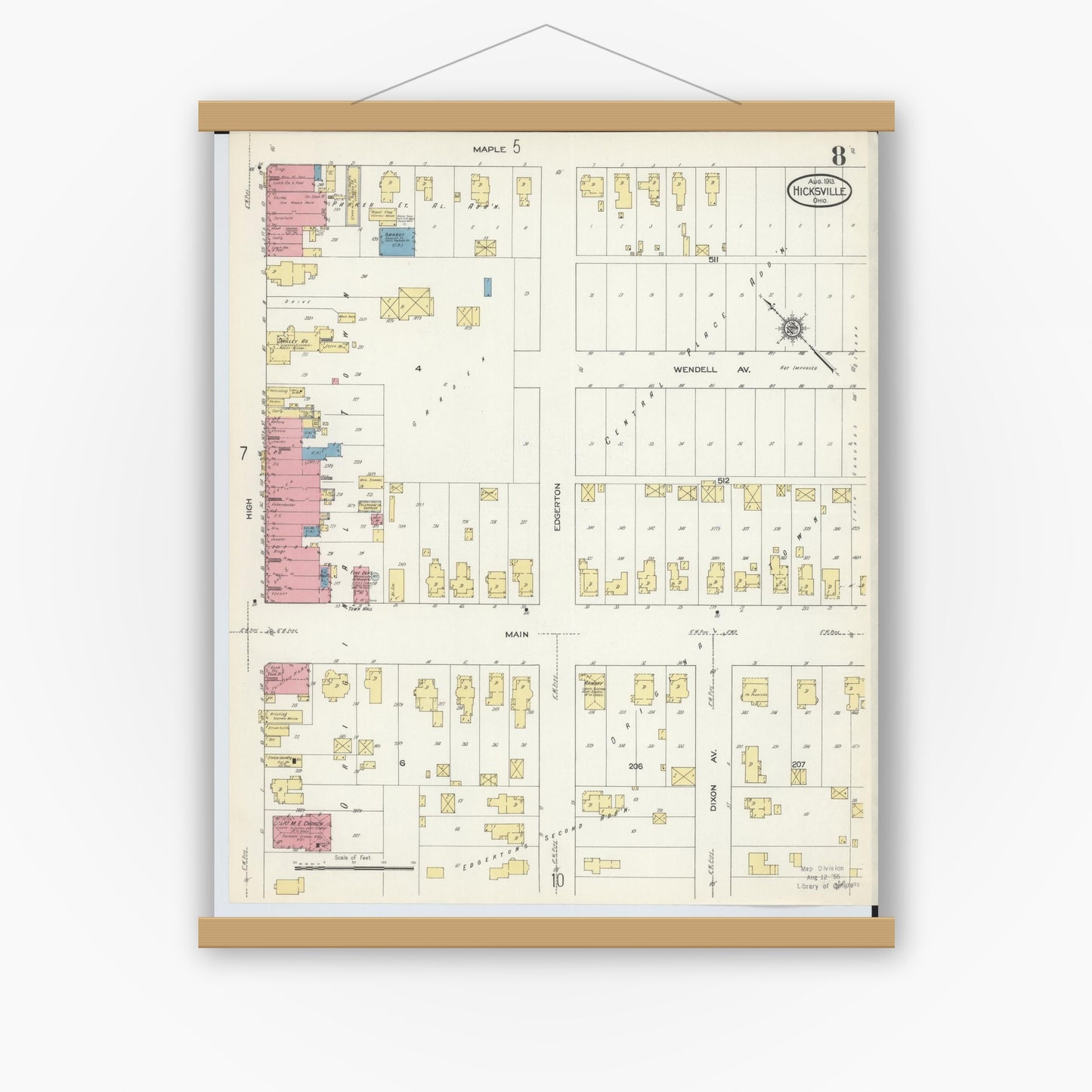 Old map wall art mockup — magnetic wood frame on white wall — Sanborn Fire Insurance Map from Hicksville, Defiance County, Ohio (1913), Sheet #0008