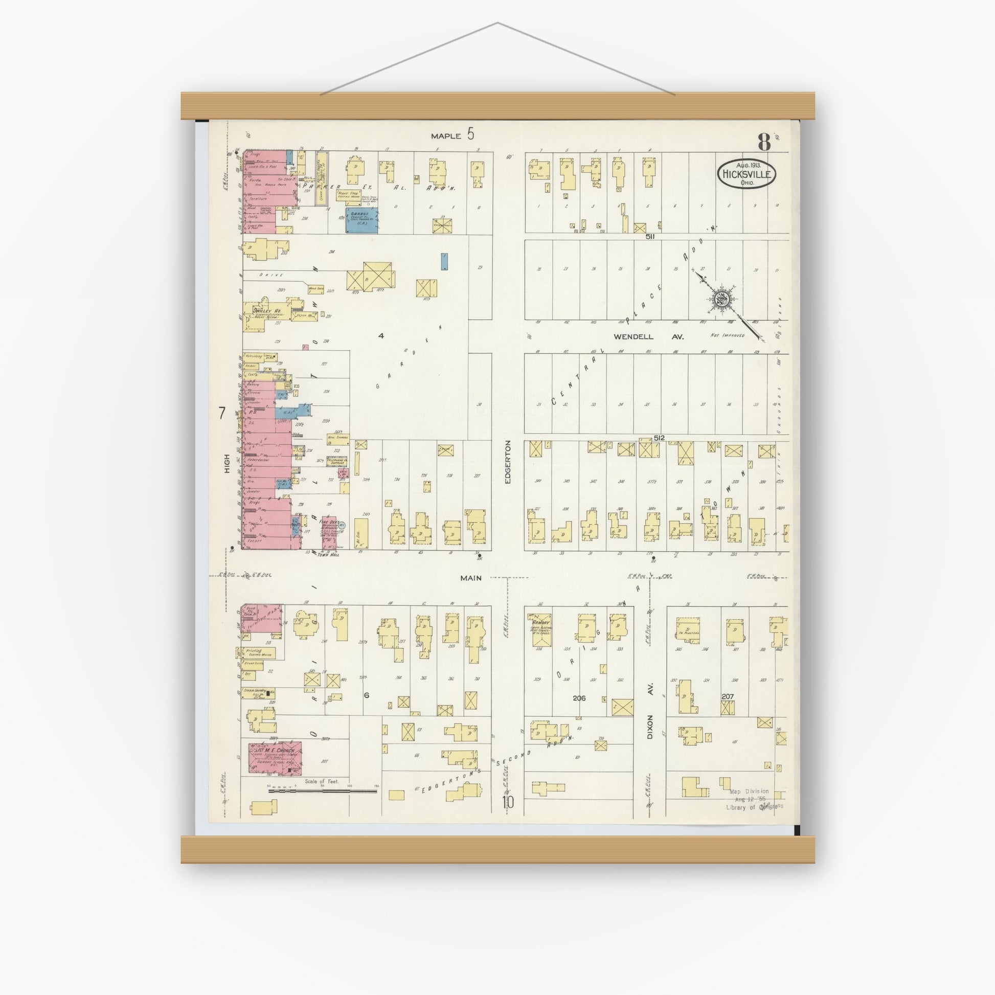 Old map wall art mockup — magnetic wood frame on white wall — Sanborn Fire Insurance Map from Hicksville, Defiance County, Ohio (1913), Sheet #0008