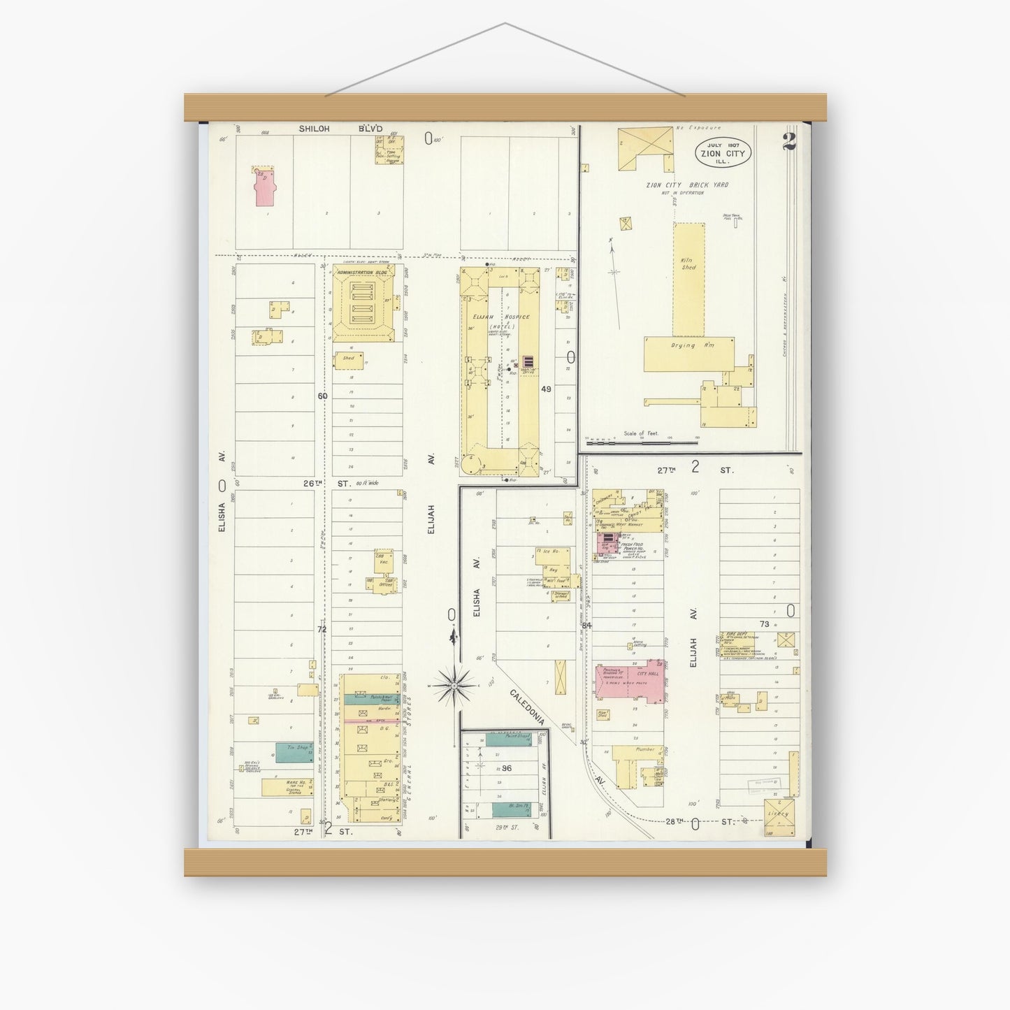 Old map wall art mockup — magnetic wood frame on white wall — Sanborn Fire Insurance Map from Zion, Lake County, Illinois (1907), Sheet #0002