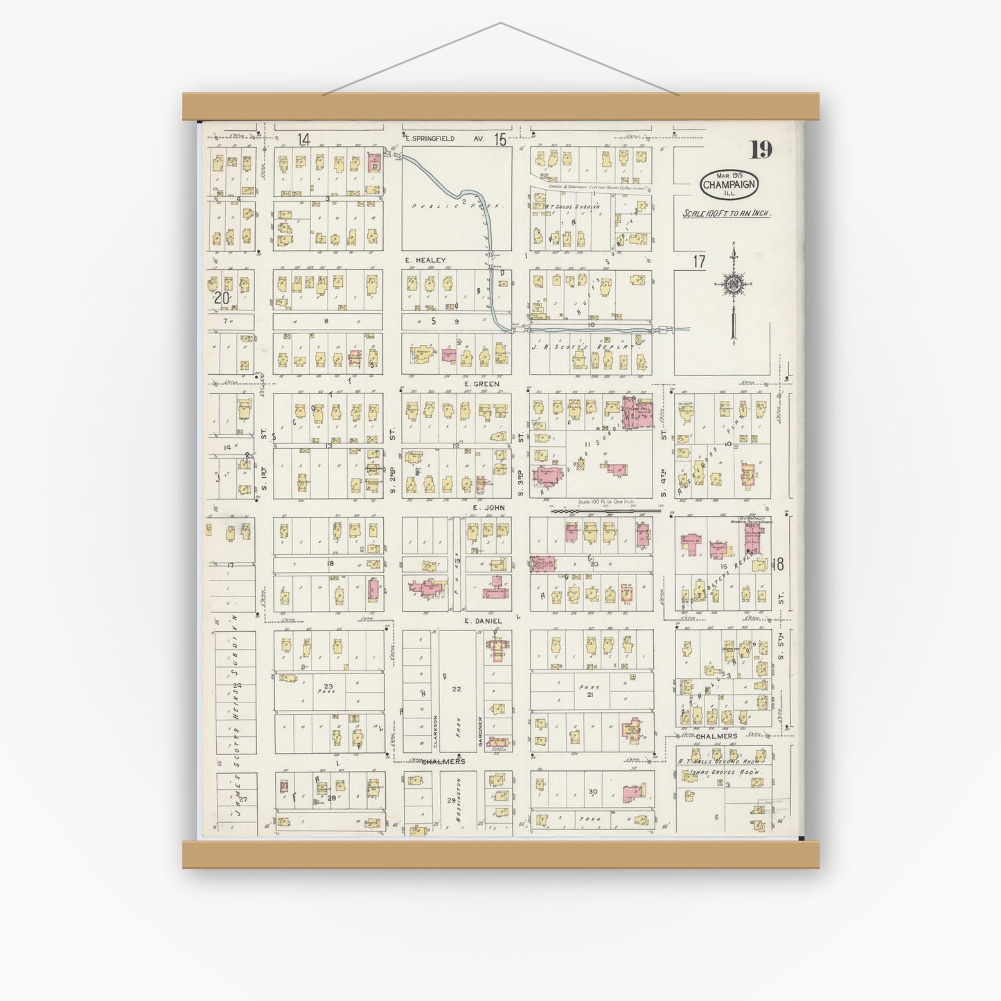 Old map wall art mockup — magnetic wood frame on white wall — Sanborn Fire Insurance Map from Champaign, Champaign County, Illinois (1915), Sheet #0019