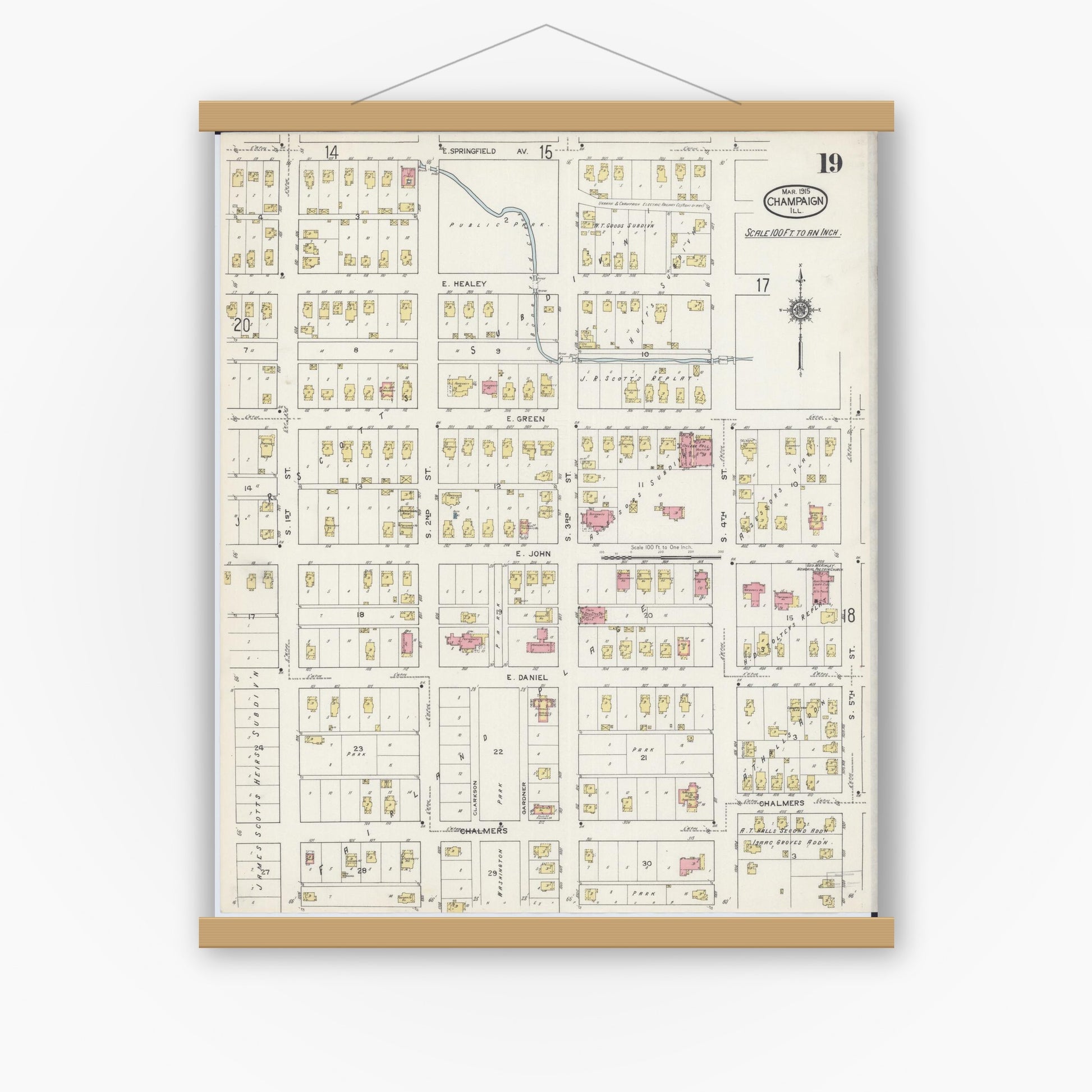 Old map wall art mockup — magnetic wood frame on white wall — Sanborn Fire Insurance Map from Champaign, Champaign County, Illinois (1915), Sheet #0019