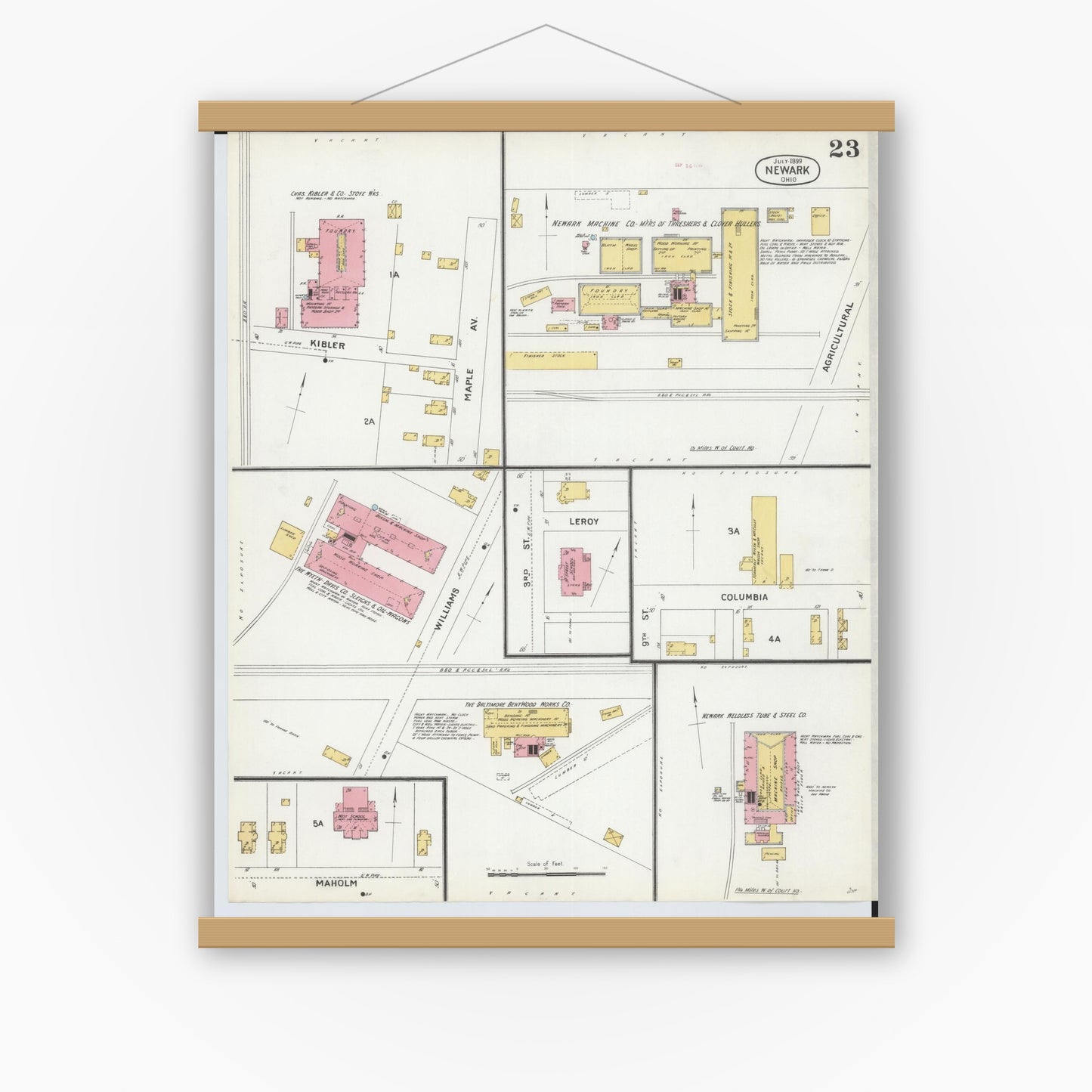 Old map wall art mockup — magnetic wood frame on white wall — Sanborn Fire Insurance Map from Newark, Licking County, Ohio (1899), Sheet #0023