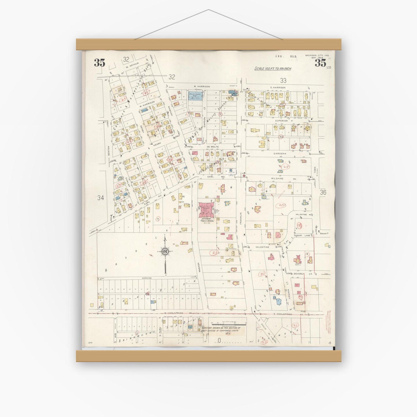 Old map wall art mockup — magnetic wood frame on white wall — Sanborn Fire Insurance Map from Michigan City, La Porte County, Indiana (1948), Sheet #0035