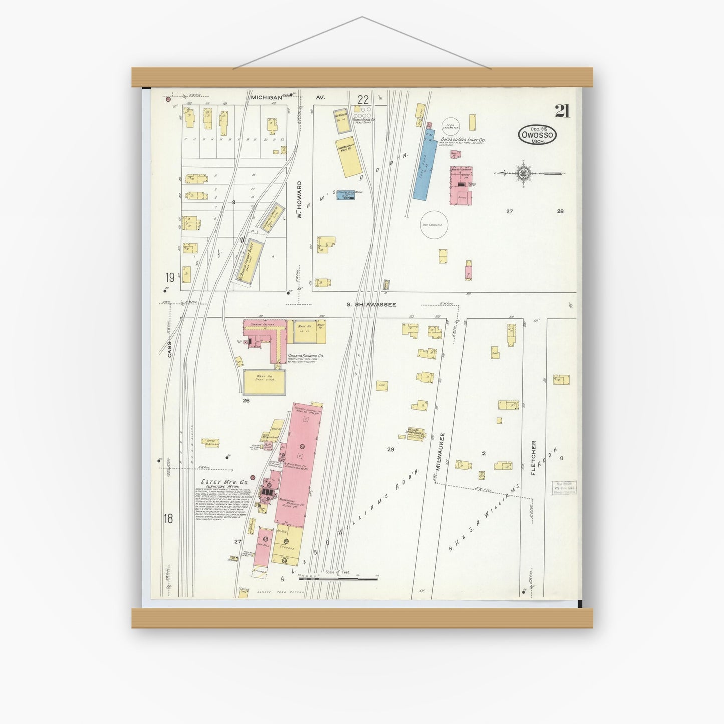 Old map wall art mockup — magnetic wood frame on white wall — Sanborn Fire Insurance Map from Owosso, Shiawassee County, Michigan (1915), Sheet #0021