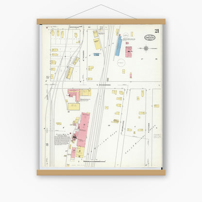 Old map wall art mockup — magnetic wood frame on white wall — Sanborn Fire Insurance Map from Owosso, Shiawassee County, Michigan (1915), Sheet #0021