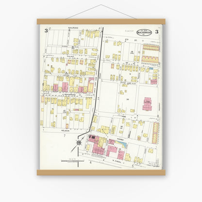 Old map wall art mockup — magnetic wood frame on white wall — Sanborn Fire Insurance Map from Brackenridge, Allegheny County, Pennsylvania (1924), Sheet #0003