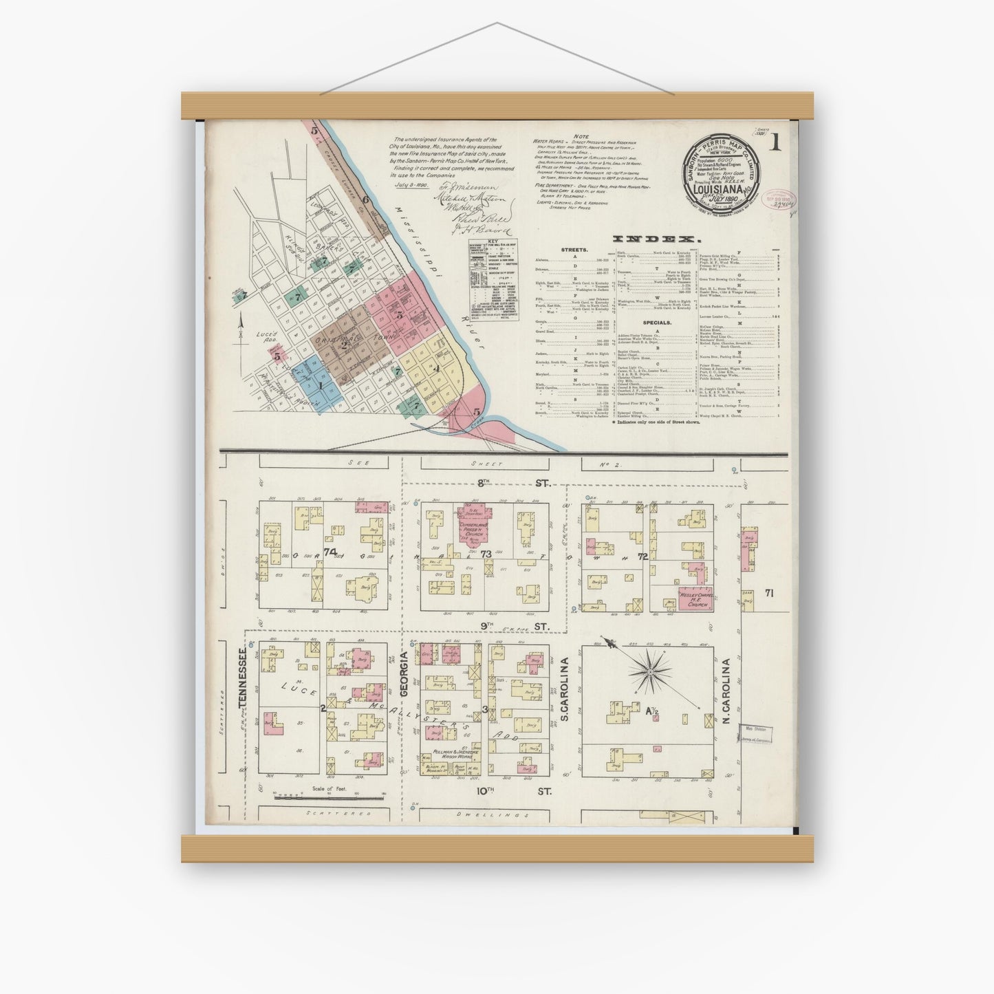 Old map wall art mockup — magnetic wood frame on white wall — Sanborn Fire Insurance Map from Louisiana, Pike County, Missouri (1890) - Complete Map Set