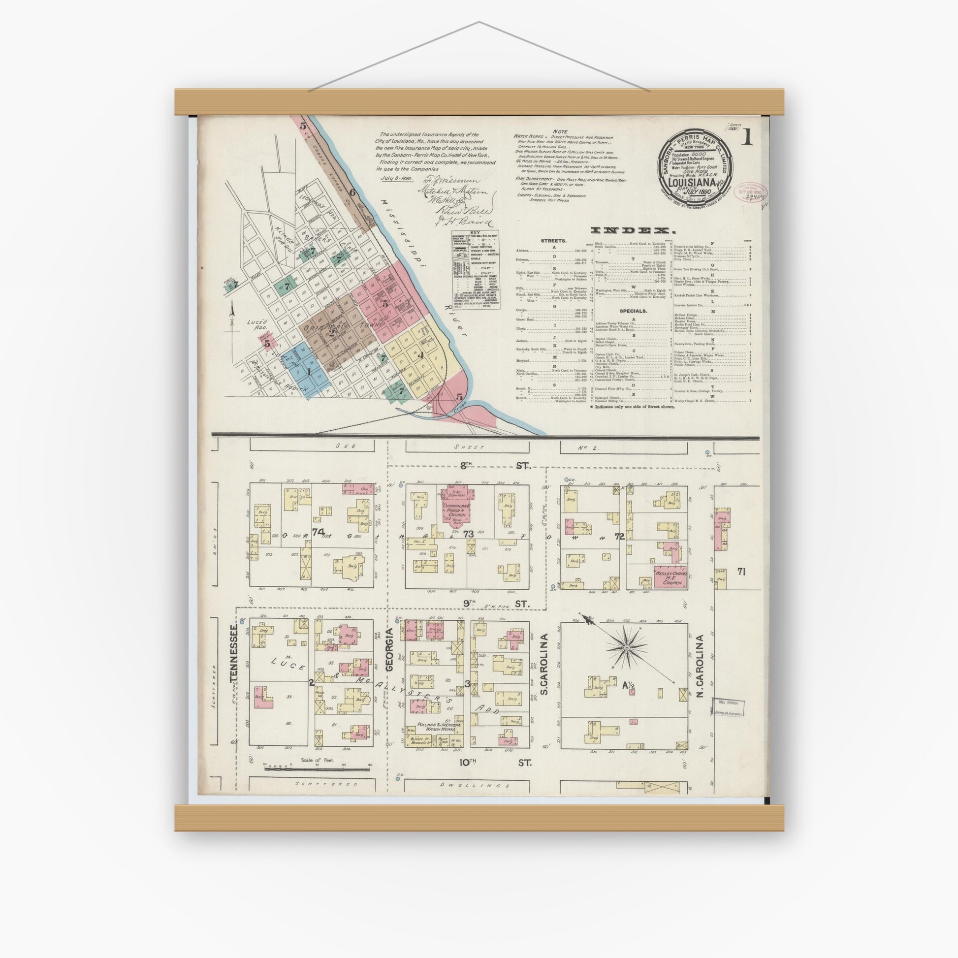 Old map wall art mockup — magnetic wood frame on white wall — Sanborn Fire Insurance Map from Louisiana, Pike County, Missouri (1890) - Complete Map Set