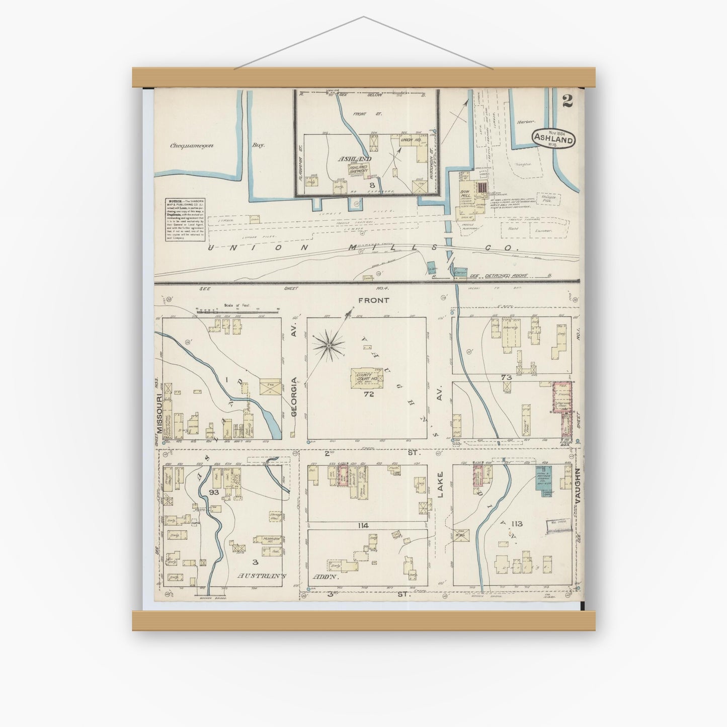 Old map wall art mockup — magnetic wood frame on white wall — Sanborn Fire Insurance Map from Ashland, Ashland County, Wisconsin (1884), Sheet #0002