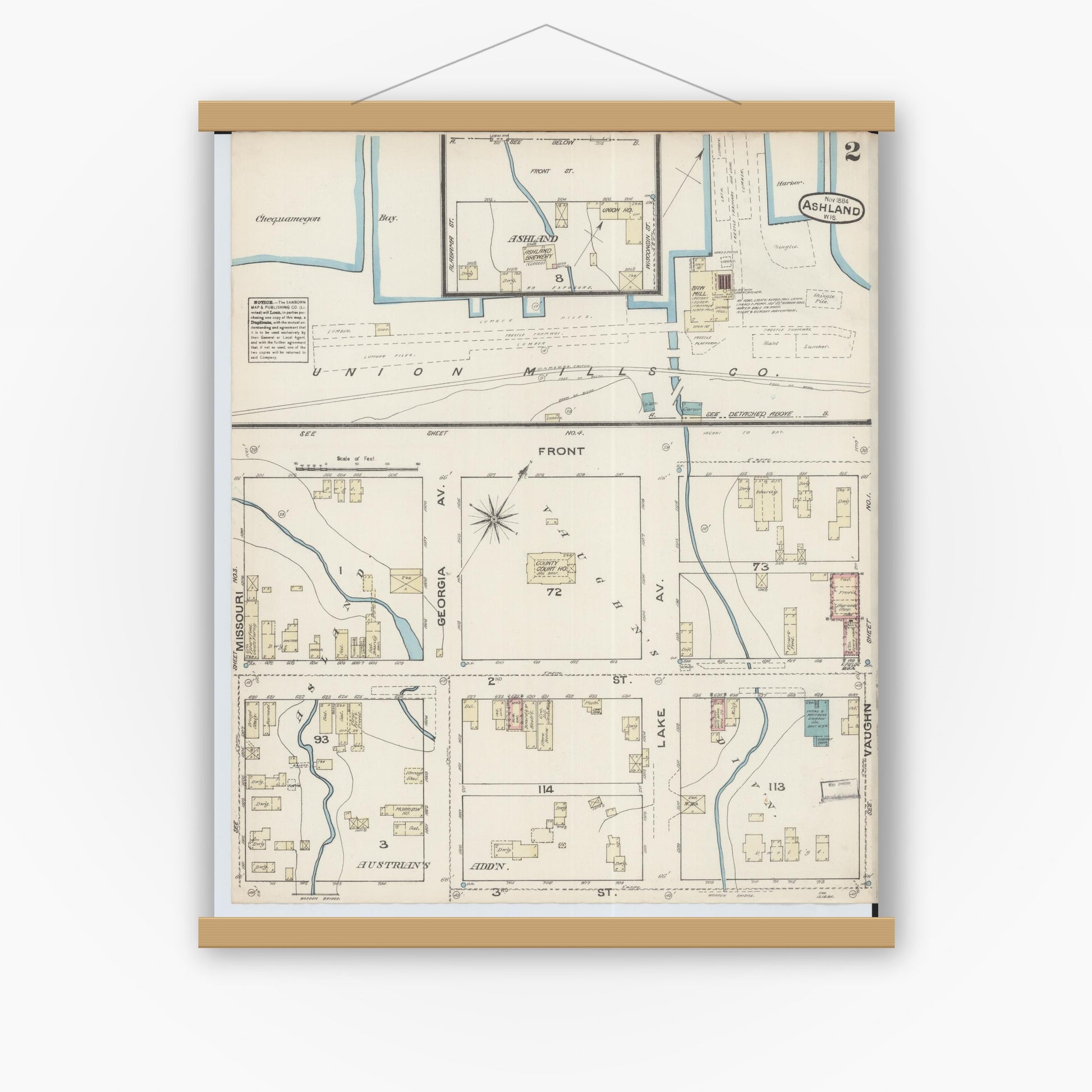 Old map wall art mockup — magnetic wood frame on white wall — Sanborn Fire Insurance Map from Ashland, Ashland County, Wisconsin (1884), Sheet #0002