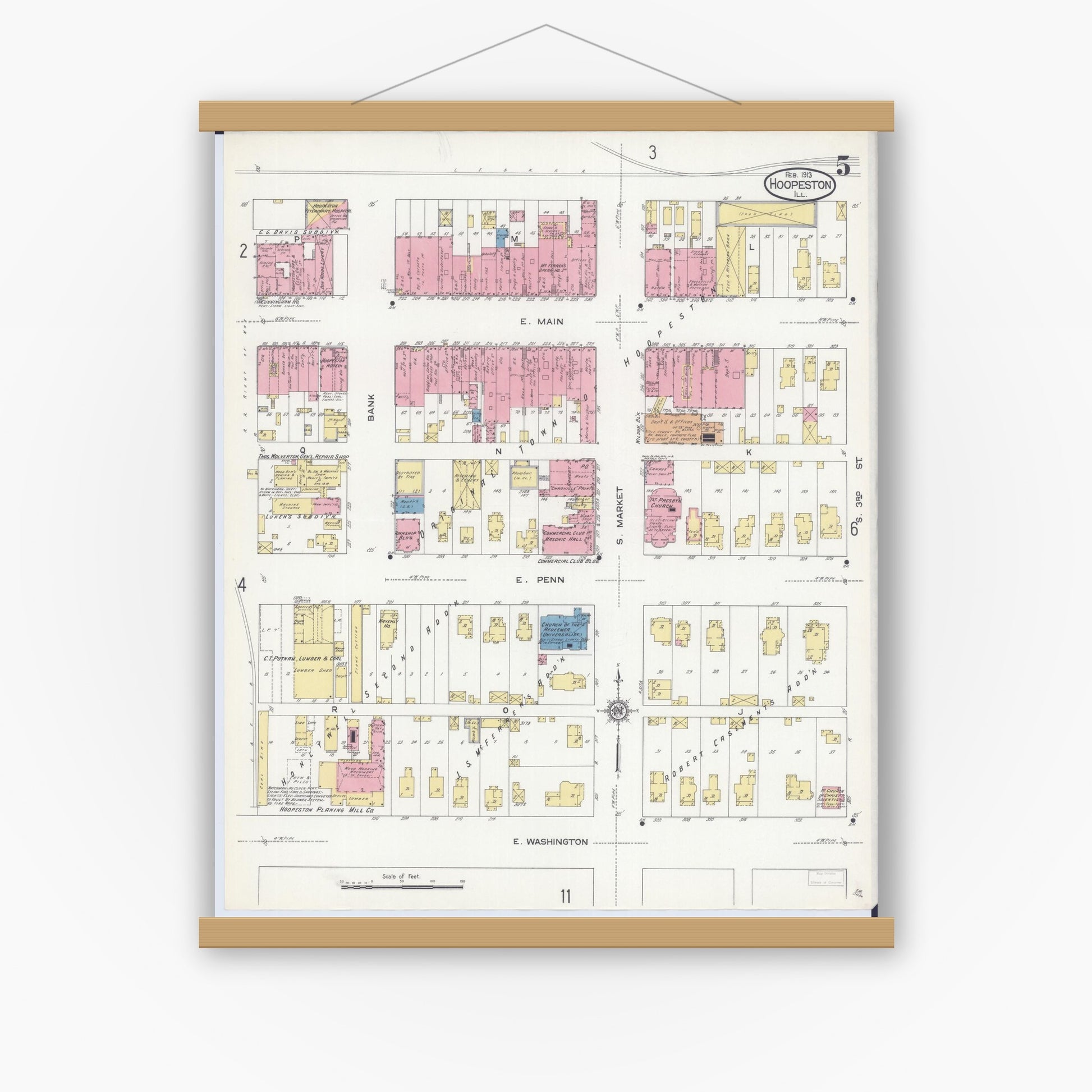 Old map wall art mockup — magnetic wood frame on white wall — Sanborn Fire Insurance Map from Hoopeston, Vermilion County, Illinois (1913), Sheet #0005