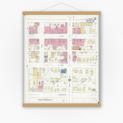Old map wall art mockup — magnetic wood frame on white wall — Sanborn Fire Insurance Map from Hoopeston, Vermilion County, Illinois (1913), Sheet #0005