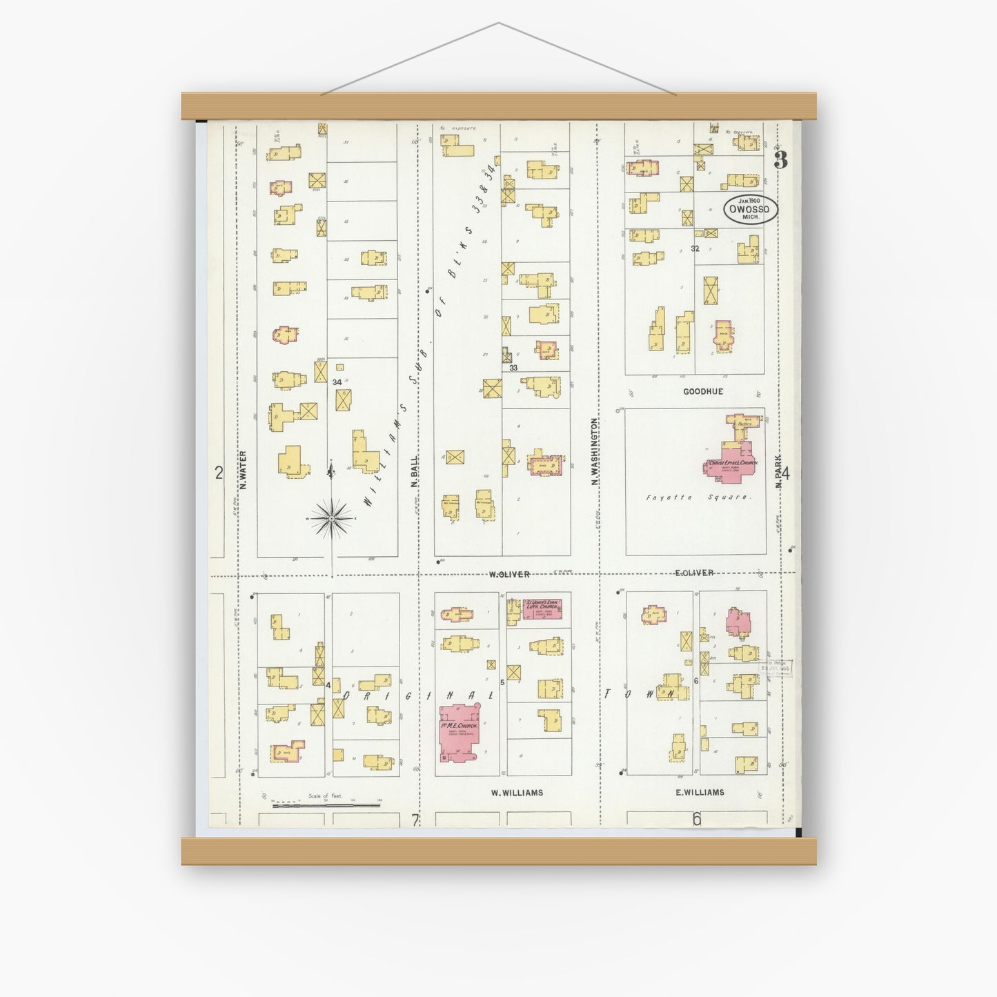 Old map wall art mockup — magnetic wood frame on white wall — Sanborn Fire Insurance Map from Owosso, Shiawassee County, Michigan (1900), Sheet #0003
