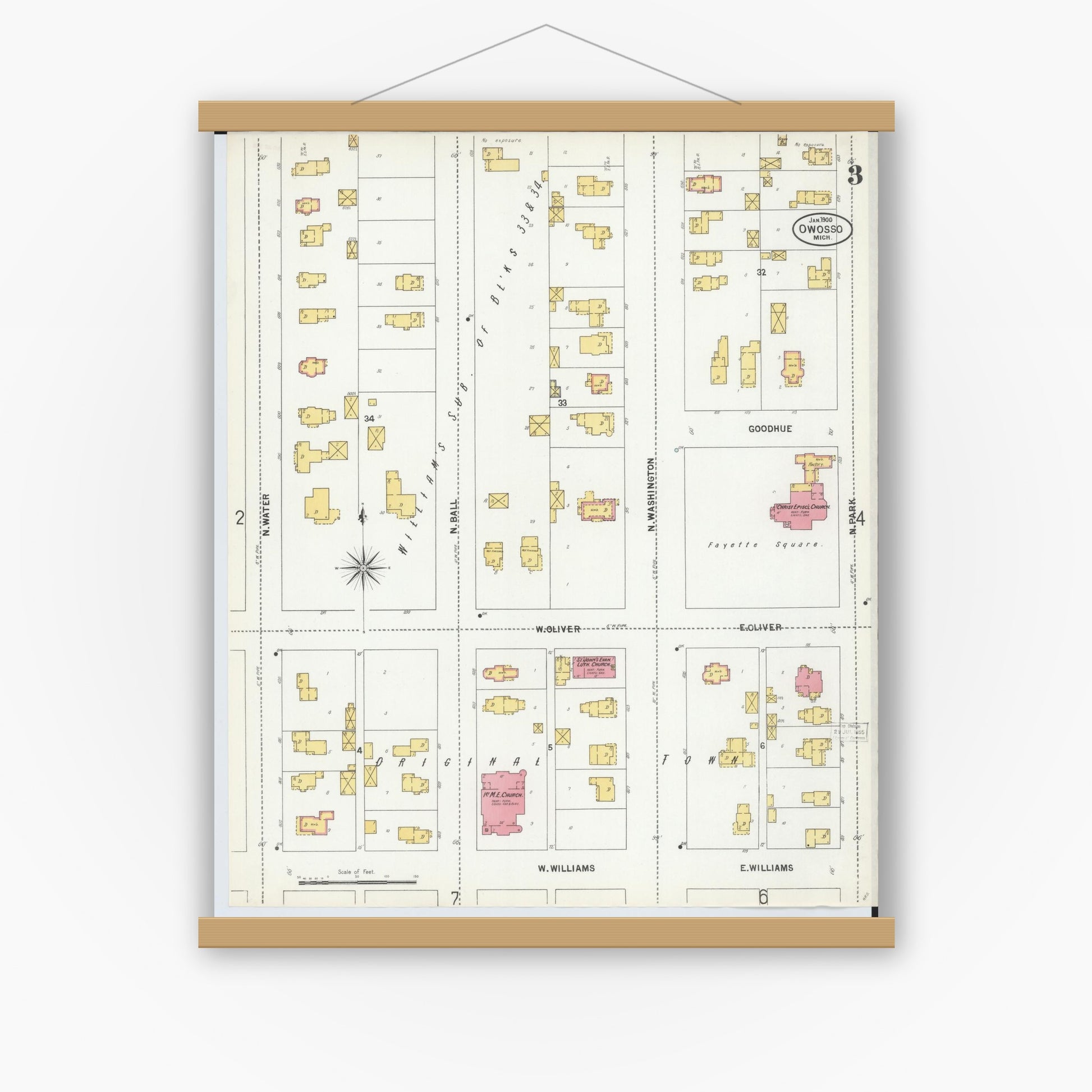 Old map wall art mockup — magnetic wood frame on white wall — Sanborn Fire Insurance Map from Owosso, Shiawassee County, Michigan (1900), Sheet #0003