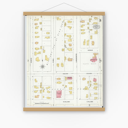 Old map wall art mockup — magnetic wood frame on white wall — Sanborn Fire Insurance Map from Owosso, Shiawassee County, Michigan (1900), Sheet #0003