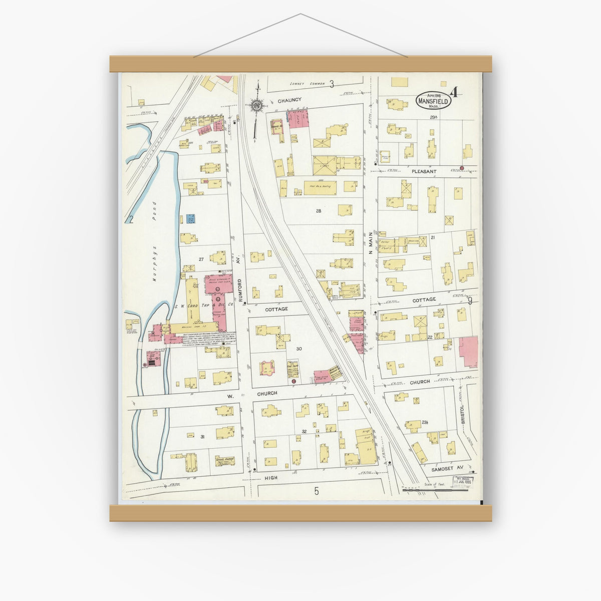 Old map wall art mockup — magnetic wood frame on white wall — Sanborn Fire Insurance Map from Mansfield, Bristol County, Massachusetts (1916), Sheet #0004