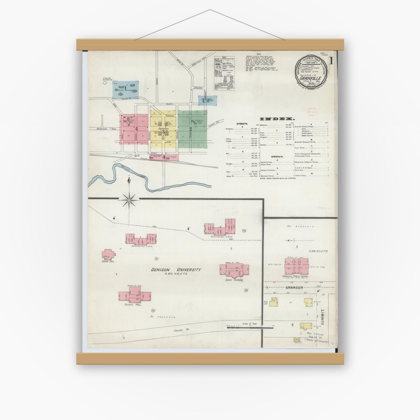 Old map wall art mockup — magnetic wood frame on white wall — Sanborn Fire Insurance Map from Granville, Licking County, Ohio (1896) - Complete Map Set