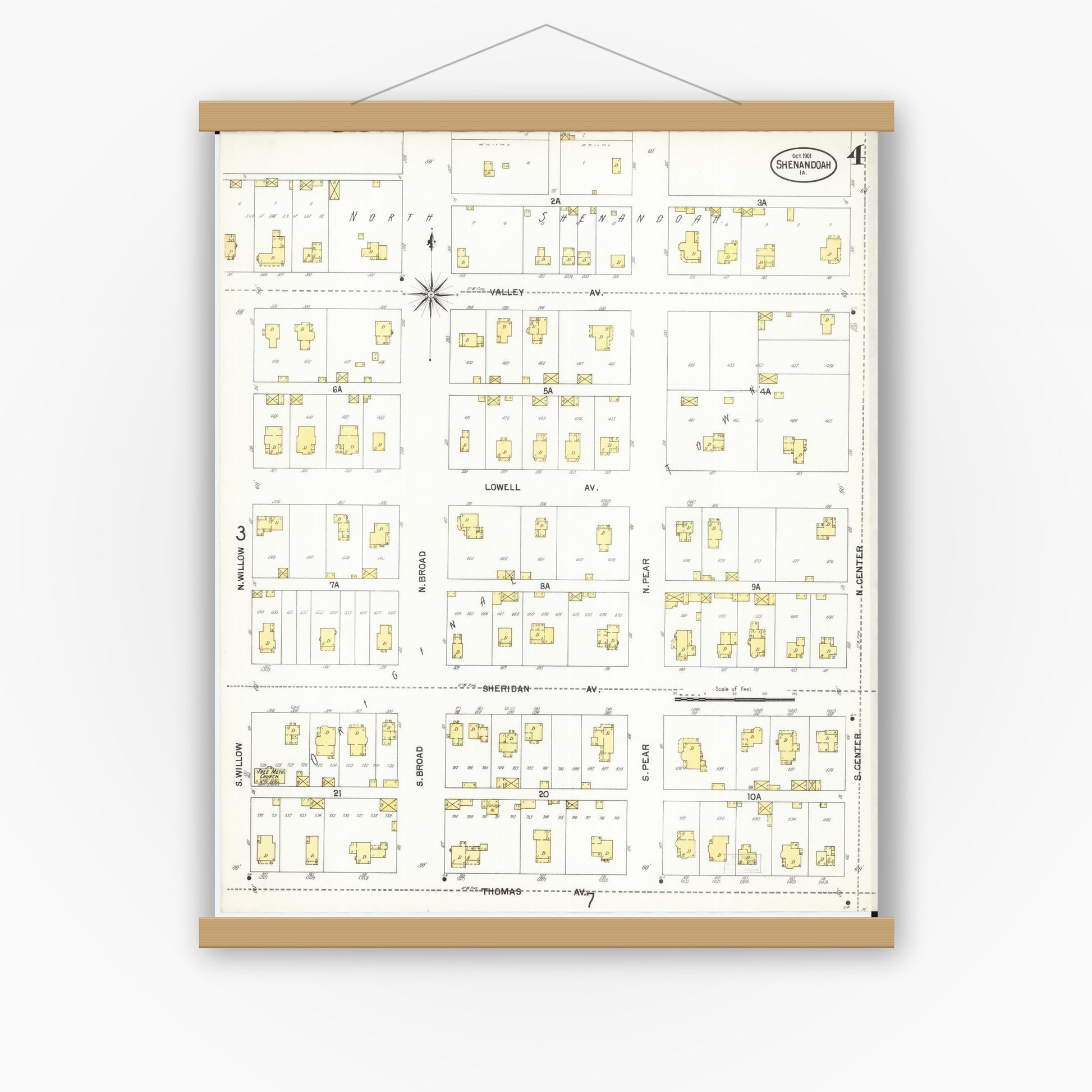 Old map wall art mockup — magnetic wood frame on white wall — Sanborn Fire Insurance Map from Shenandoah, Page County, Iowa (1901), Sheet #0004