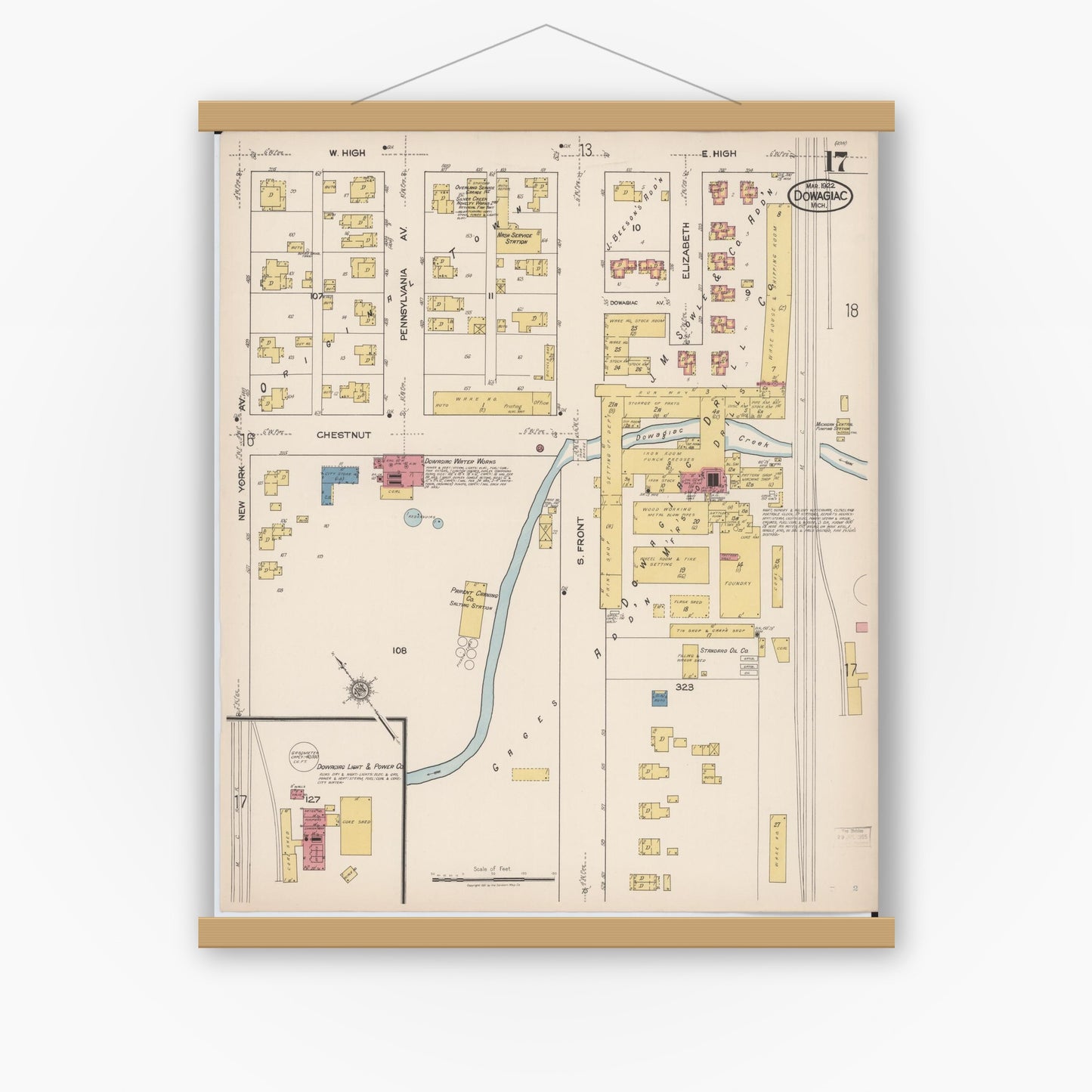 Old map wall art mockup — magnetic wood frame on white wall — Sanborn Fire Insurance Map from Dowagiac, Cass County, Michigan (1922), Sheet #0017