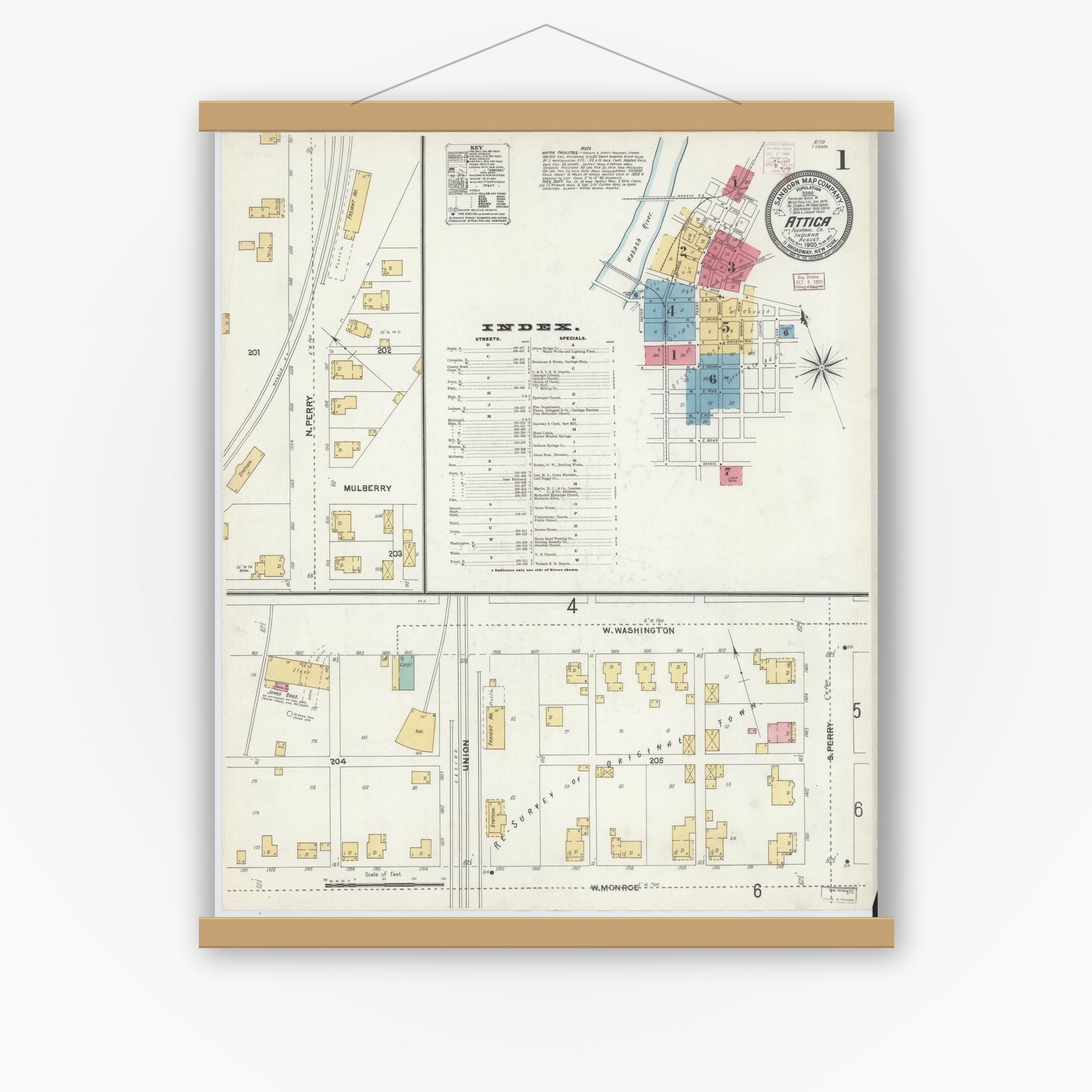 Old map wall art mockup — magnetic wood frame on white wall — Sanborn Fire Insurance Map from Attica, Fountain County, Indiana (1905), Sheet #0001