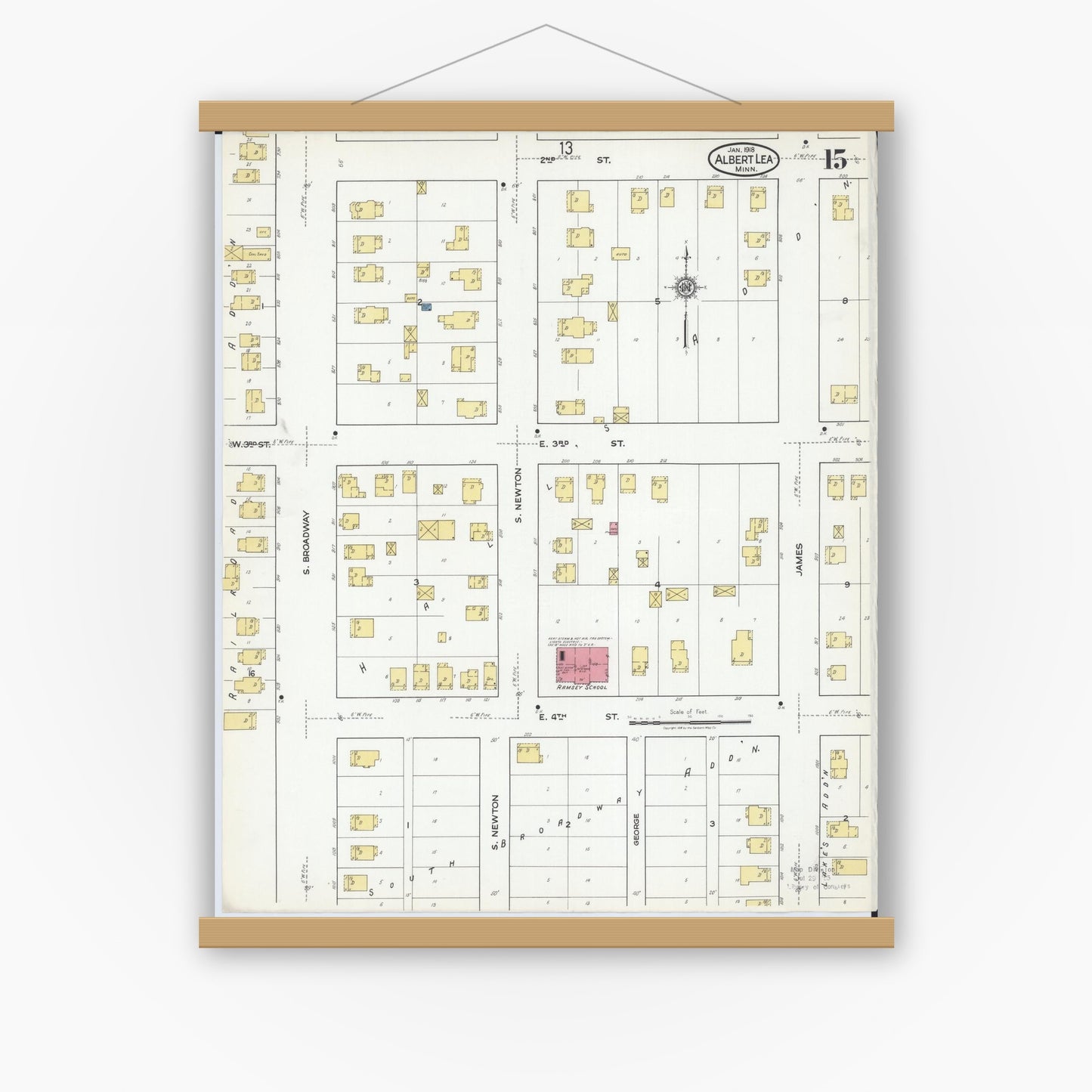 Old map wall art mockup — magnetic wood frame on white wall — Sanborn Fire Insurance Map from Albert Lea, Freeborn County, Minnesota (1918), Sheet #0015
