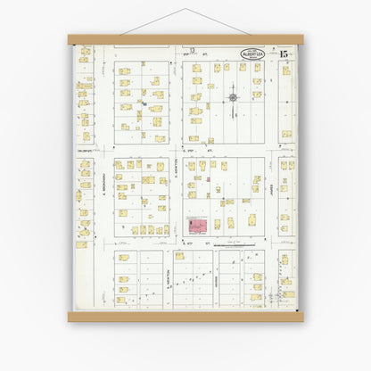 Old map wall art mockup — magnetic wood frame on white wall — Sanborn Fire Insurance Map from Albert Lea, Freeborn County, Minnesota (1918), Sheet #0015