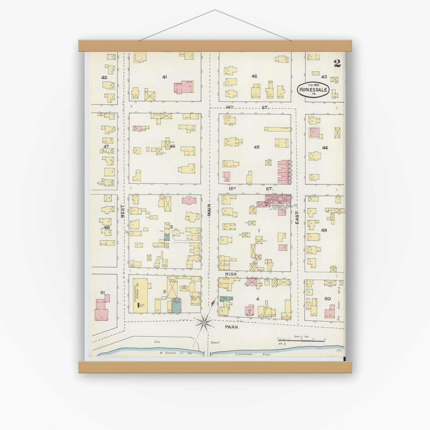 Old map wall art mockup — magnetic wood frame on white wall — Sanborn Fire Insurance Map from Honesdale, Wayne County, Pennsylvania (1892), Sheet #0002