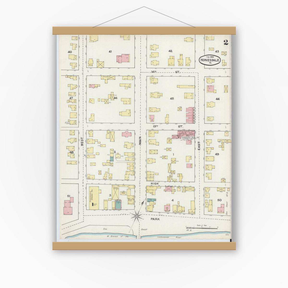 Old map wall art mockup — magnetic wood frame on white wall — Sanborn Fire Insurance Map from Honesdale, Wayne County, Pennsylvania (1892), Sheet #0002