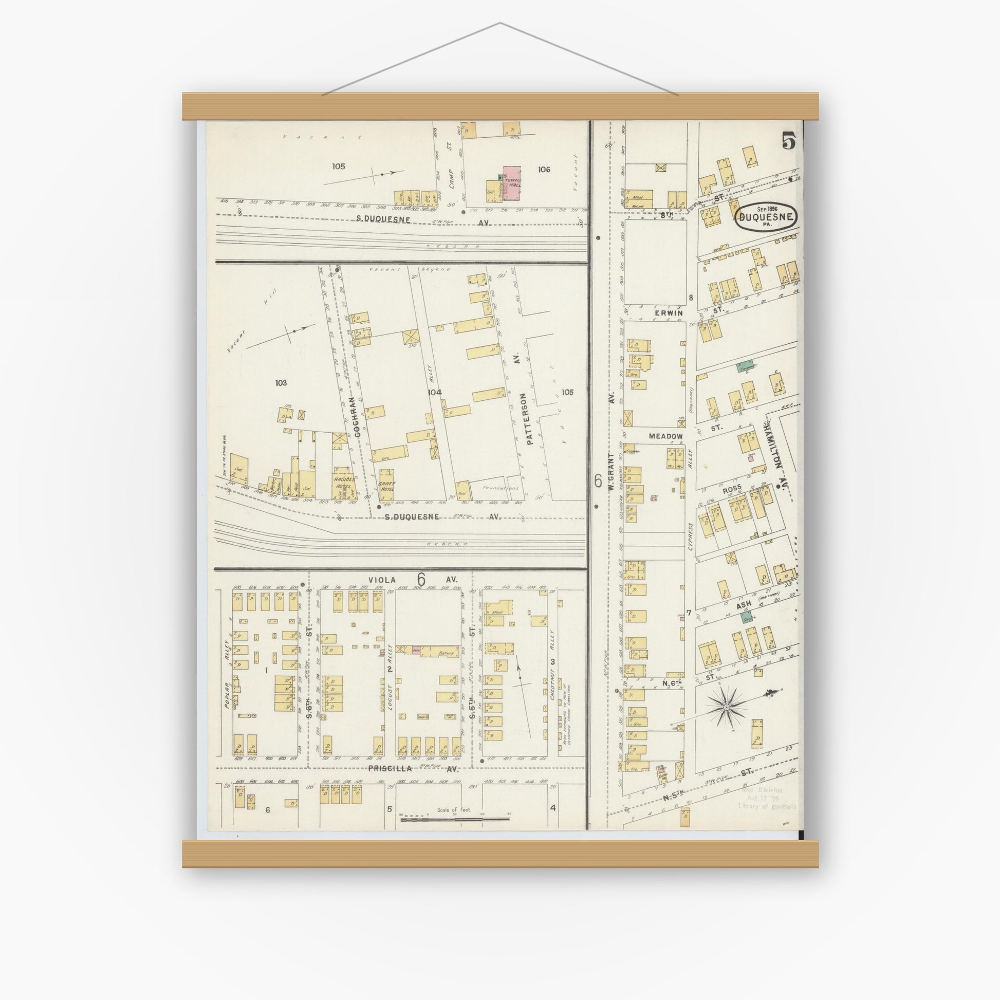 Old map wall art mockup — magnetic wood frame on white wall — Sanborn Fire Insurance Map from Duquesne, Allegheny County, Pennsylvania (1896), Sheet #0005
