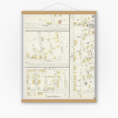 Old map wall art mockup — magnetic wood frame on white wall — Sanborn Fire Insurance Map from Duquesne, Allegheny County, Pennsylvania (1896), Sheet #0005