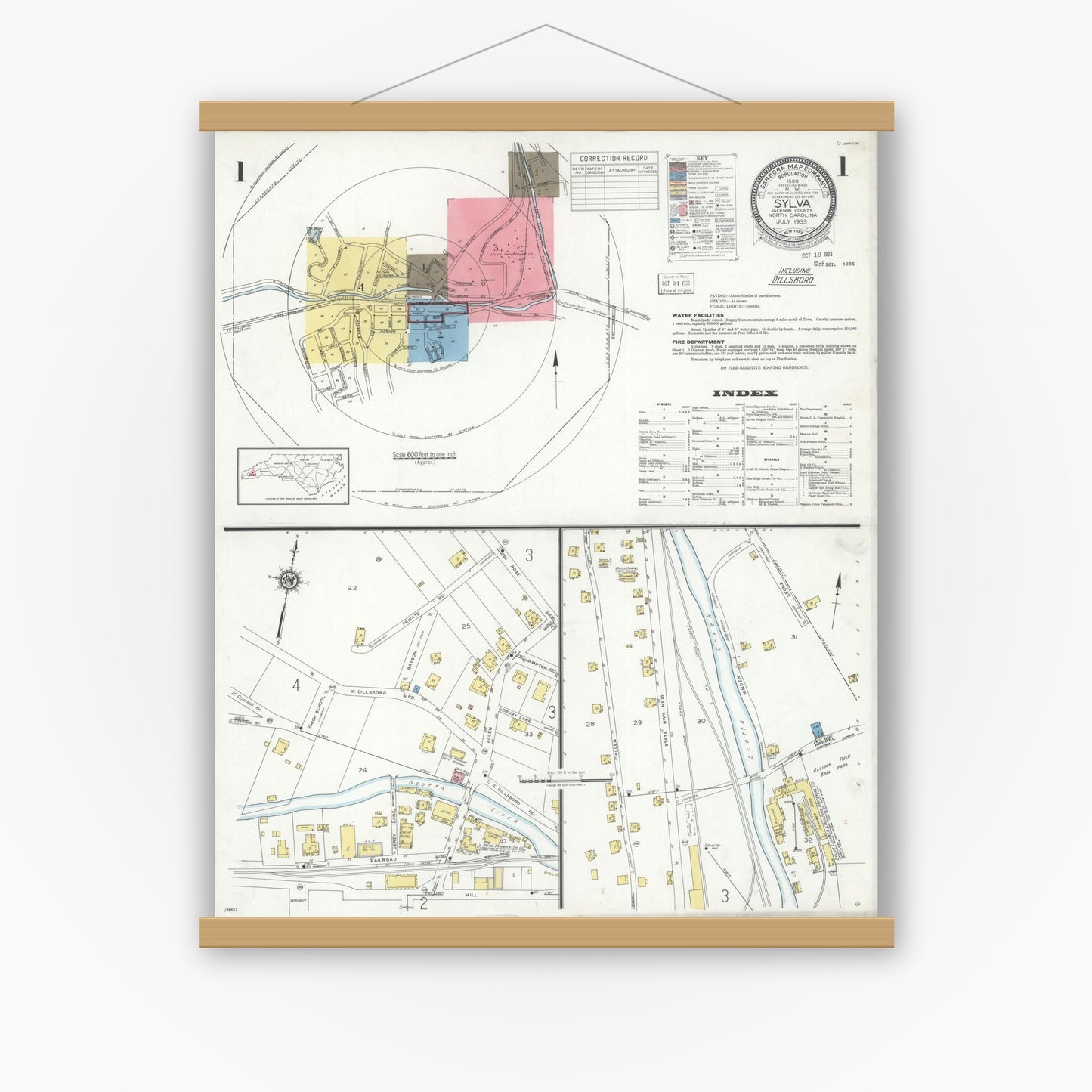 Old map wall art mockup — magnetic wood frame on white wall — Sanborn Fire Insurance Map from Sylva, Jackson County, North Carolina (1933) - Complete Map Set