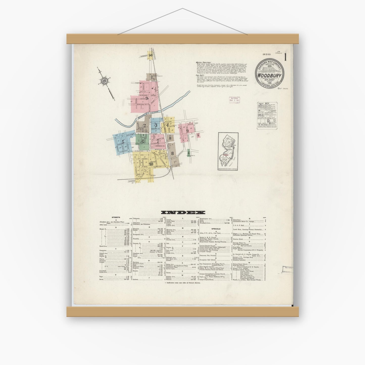 Old map wall art mockup — magnetic wood frame on white wall — Sanborn Fire Insurance Map from Woodbury, Gloucester County, New Jersey (1915), Sheet #0001