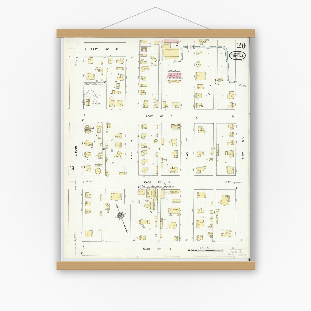 Old map wall art mockup — magnetic wood frame on white wall — Sanborn Fire Insurance Map from Temple, Bell County, Texas (1910), Sheet #0020
