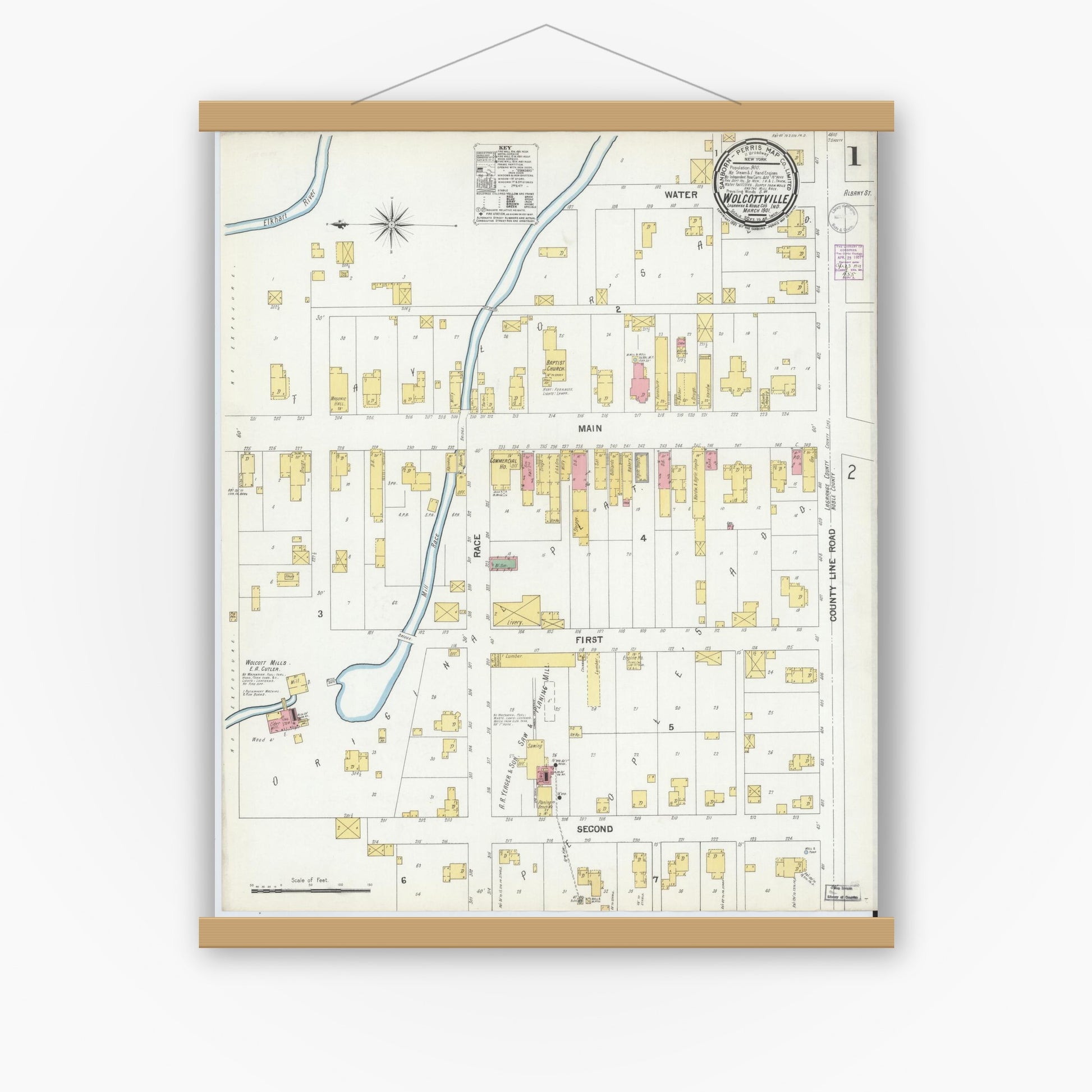 Old map wall art mockup — magnetic wood frame on white wall — Sanborn Fire Insurance Map from Wolcottville, Noble And LaGrange Counties, Indiana (1901), Sheet #0001