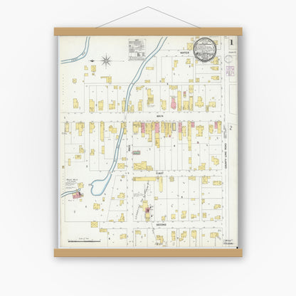 Old map wall art mockup — magnetic wood frame on white wall — Sanborn Fire Insurance Map from Wolcottville, Noble And LaGrange Counties, Indiana (1901), Sheet #0001
