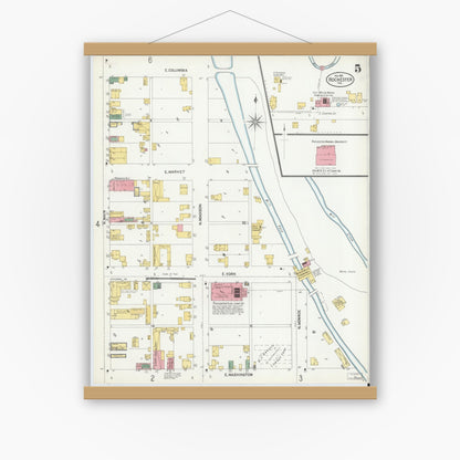 Old map wall art mockup — magnetic wood frame on white wall — Sanborn Fire Insurance Map from Rochester, Fulton County, Indiana (1901), Sheet #0005