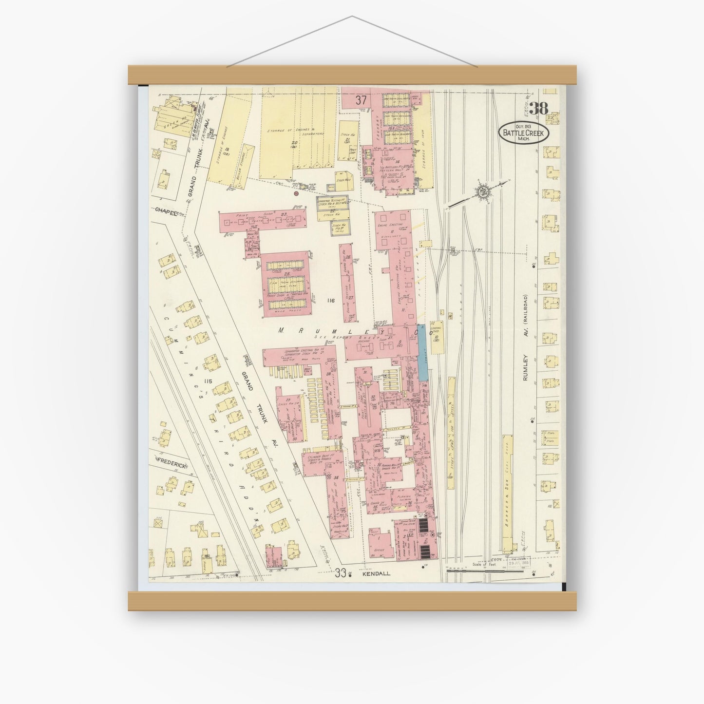 Old map wall art mockup — magnetic wood frame on white wall — Sanborn Fire Insurance Map from Battle Creek, Calhoun County, Michigan (1913), Sheet #0038