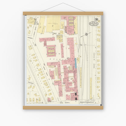 Old map wall art mockup — magnetic wood frame on white wall — Sanborn Fire Insurance Map from Battle Creek, Calhoun County, Michigan (1913), Sheet #0038