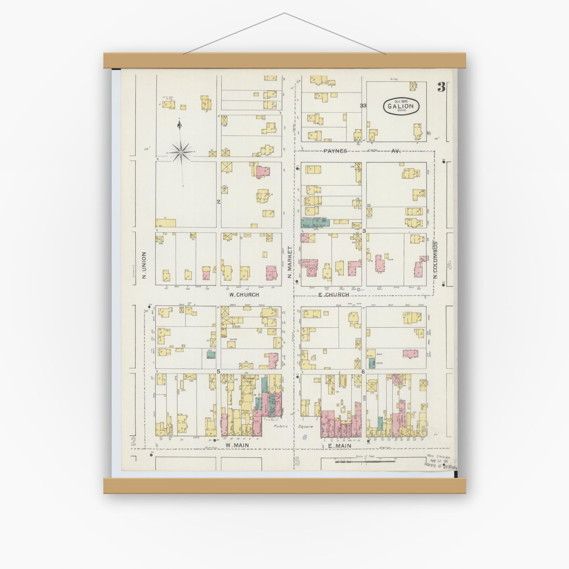 Old map wall art mockup — magnetic wood frame on white wall — Sanborn Fire Insurance Map from Galion, Crawford County, Ohio (1892), Sheet #0003