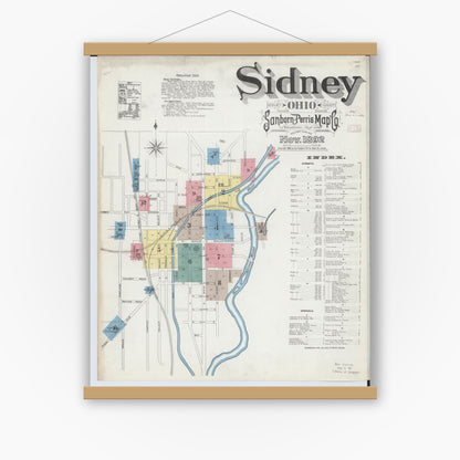 Old map wall art mockup — magnetic wood frame on white wall — Sanborn Fire Insurance Map from Sidney, Shelby County, Ohio (1892), Sheet #0001