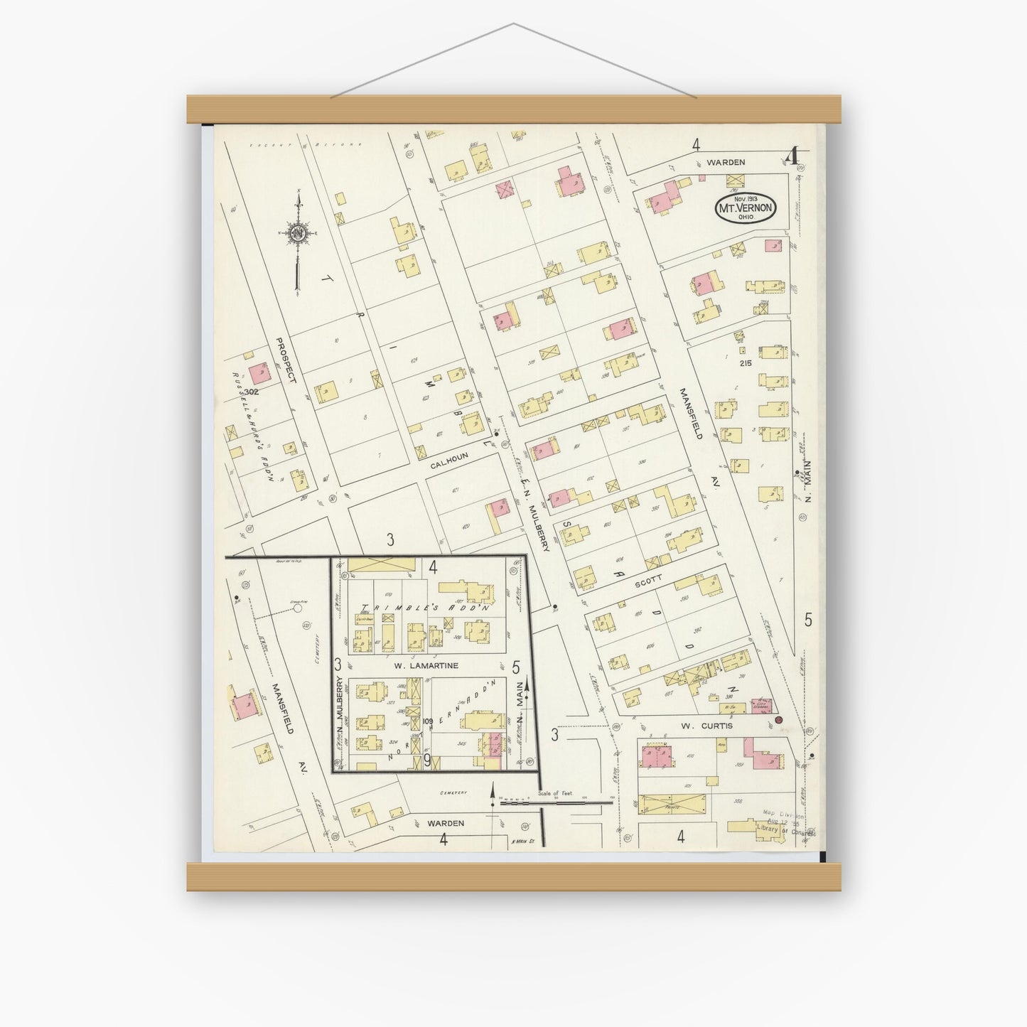 Old map wall art mockup — magnetic wood frame on white wall — Sanborn Fire Insurance Map from Mount Vernon, Knox County, Ohio (1913), Sheet #0004