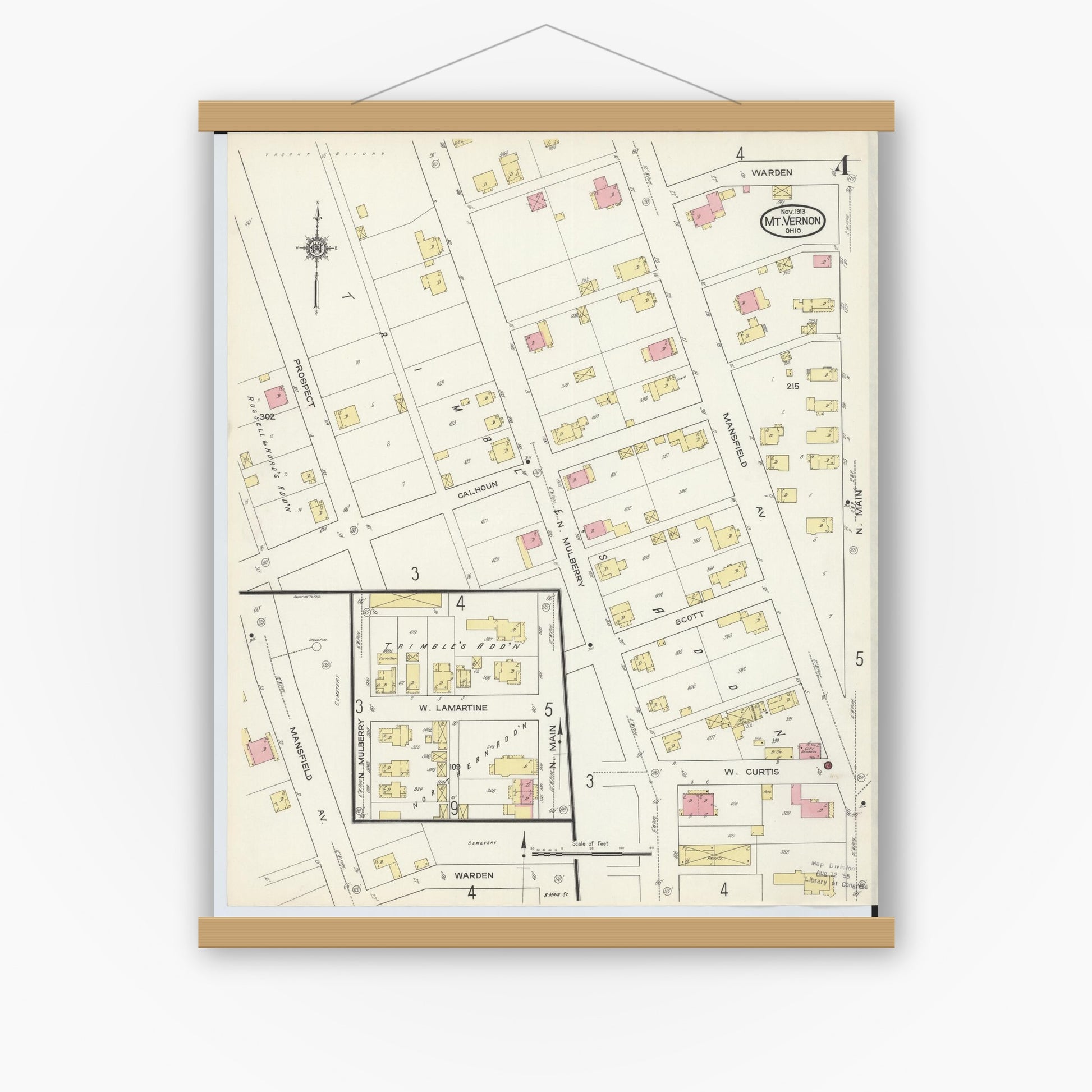Old map wall art mockup — magnetic wood frame on white wall — Sanborn Fire Insurance Map from Mount Vernon, Knox County, Ohio (1913), Sheet #0004