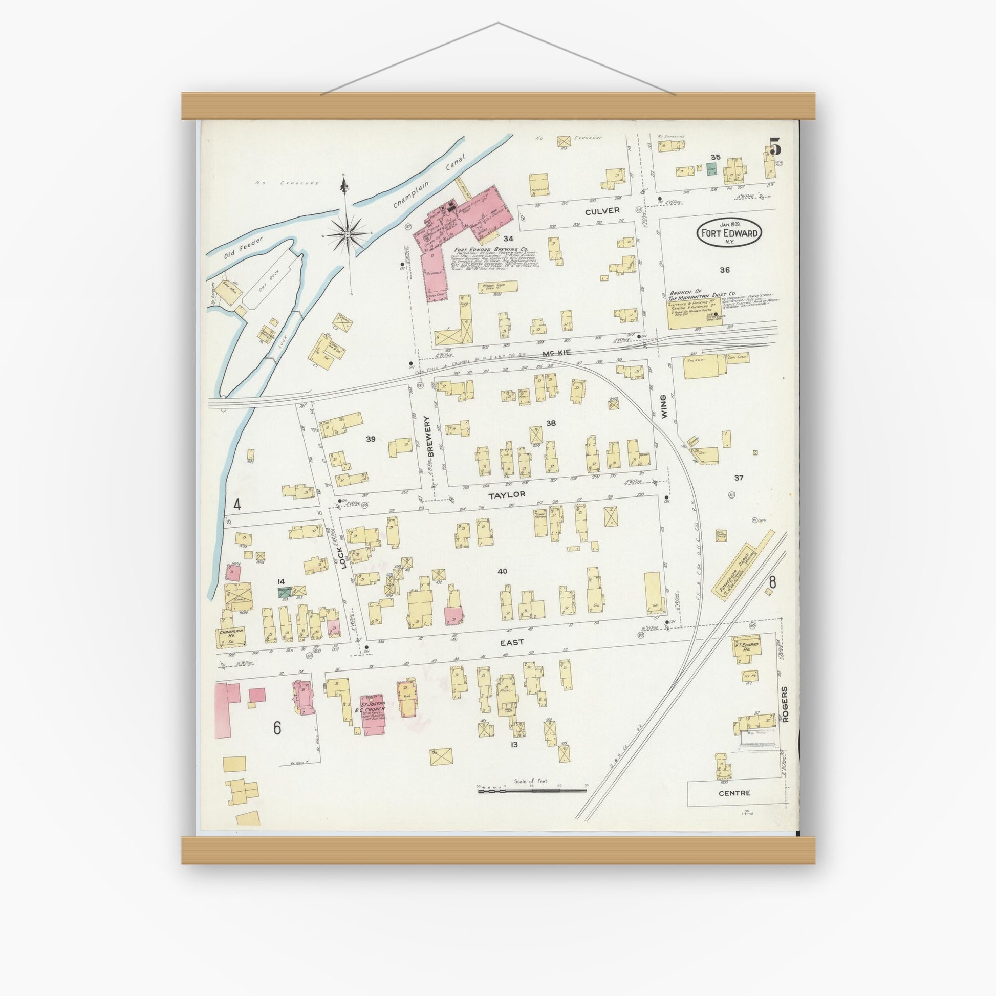 Old map wall art mockup — magnetic wood frame on white wall — Sanborn Fire Insurance Map from Fort Edward, Washington County, New York (1909), Sheet #0005