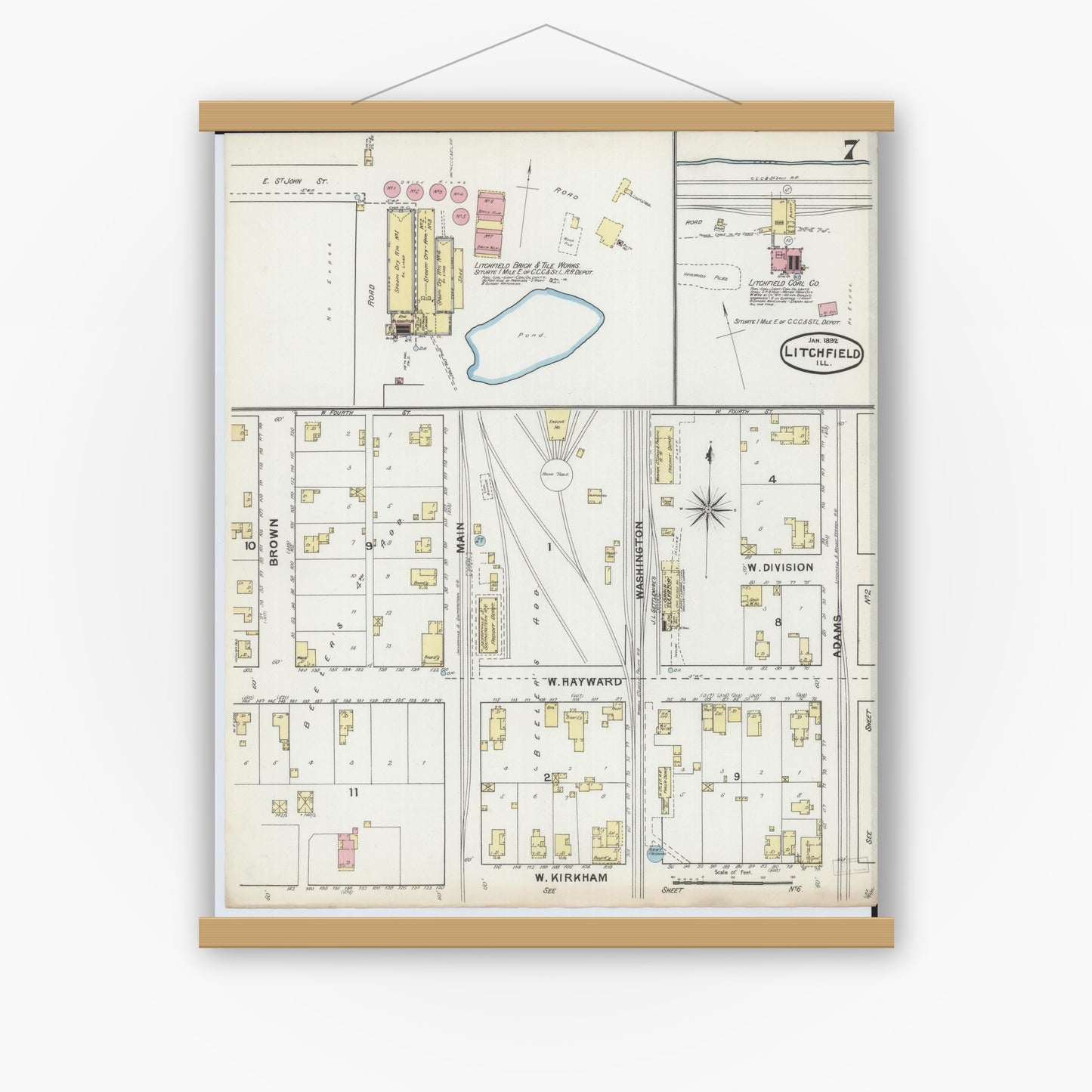 Old map wall art mockup — magnetic wood frame on white wall — Sanborn Fire Insurance Map from Litchfield, Montgomery County, Illinois (1892), Sheet #0007